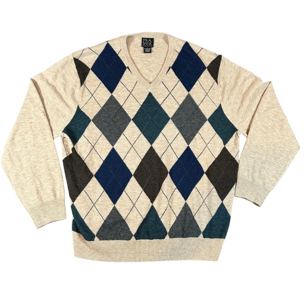 Jos A Bank Executive Collection Argyle V-Neck Sweater Mens Large Lambswool‎ Tan
